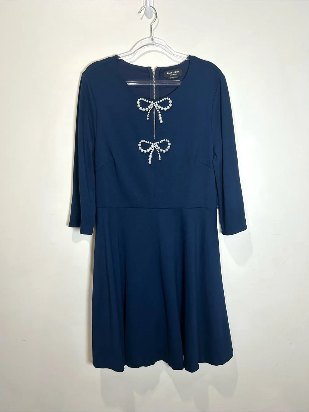 Kate Spade A-line Dress Pearl Bows Women’s XL Navy Blue Stretch Pockets Dressy